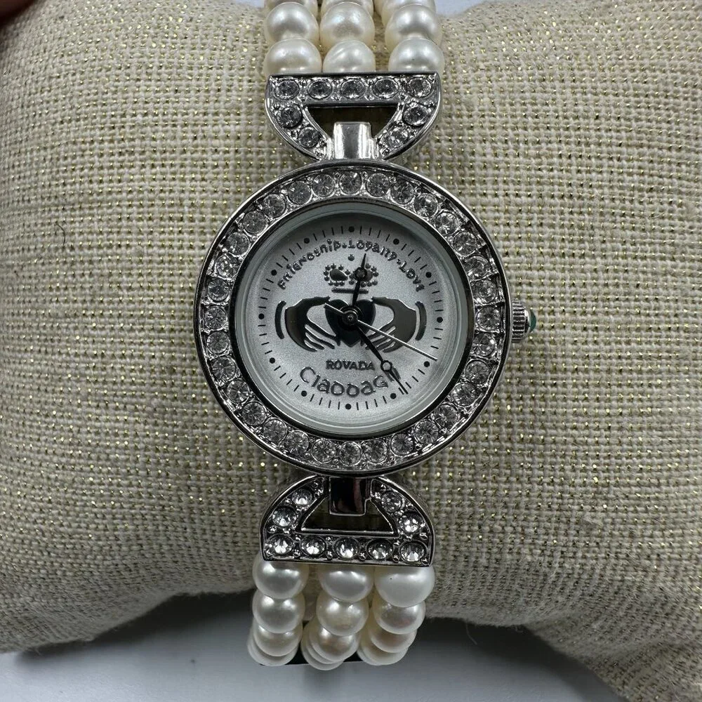 Rovada Claddagh Watch Women Silver Tone Faux Pearl Band Rhinestones New Battery